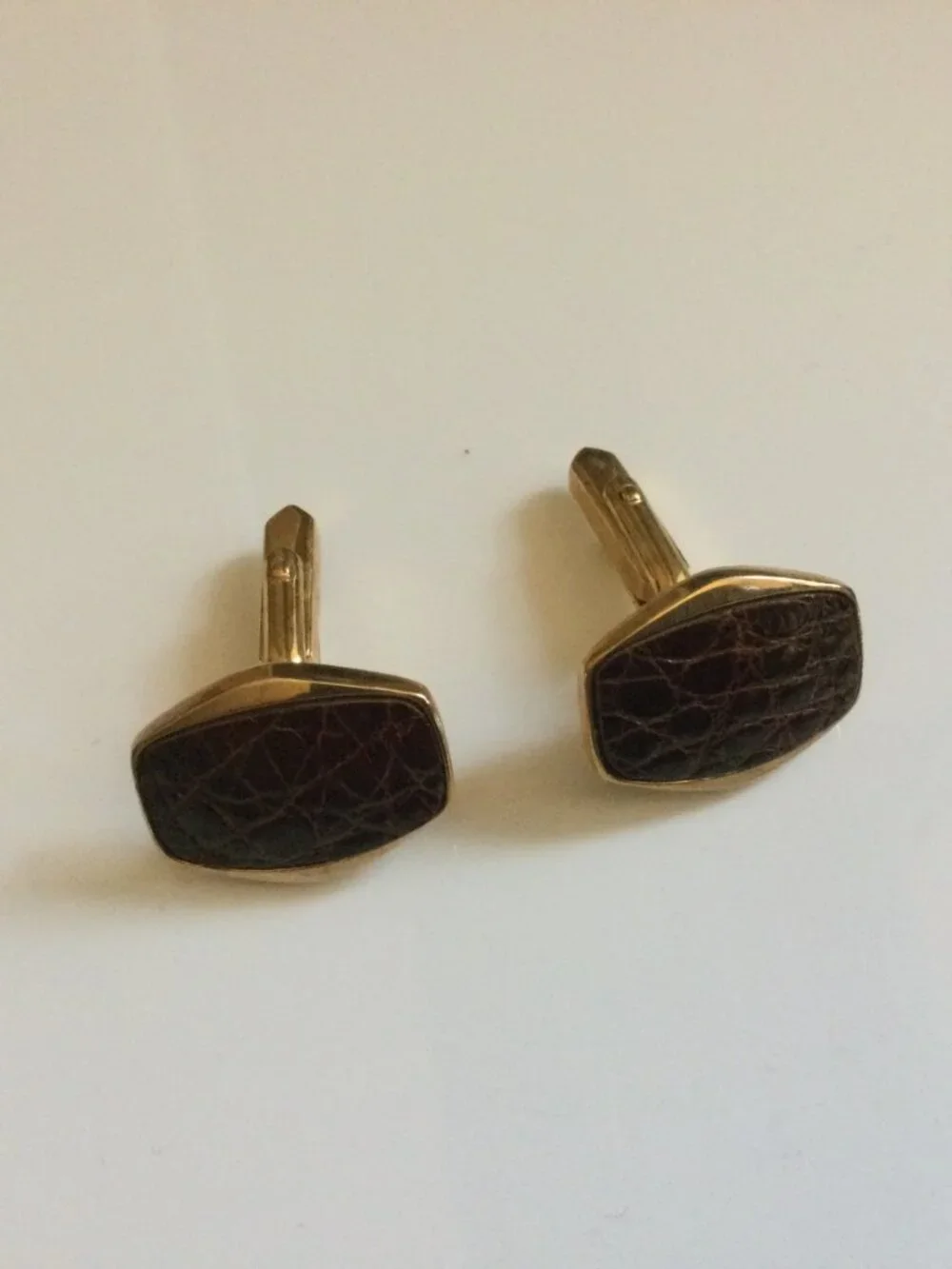 Vintage 70s Brown Inlay Leather-like Gold‎ Plated Cufflinks